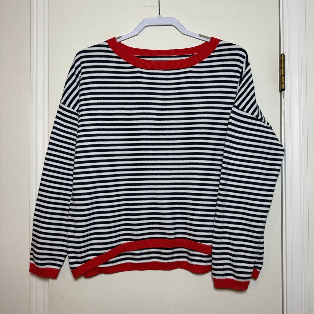Striped Boatneck Sweater with Red Trim